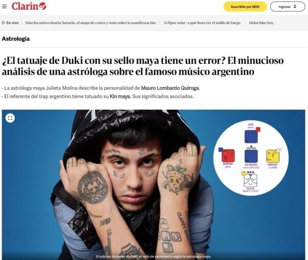Nota de Clarín con análisis de astrología maya sobre Duki
